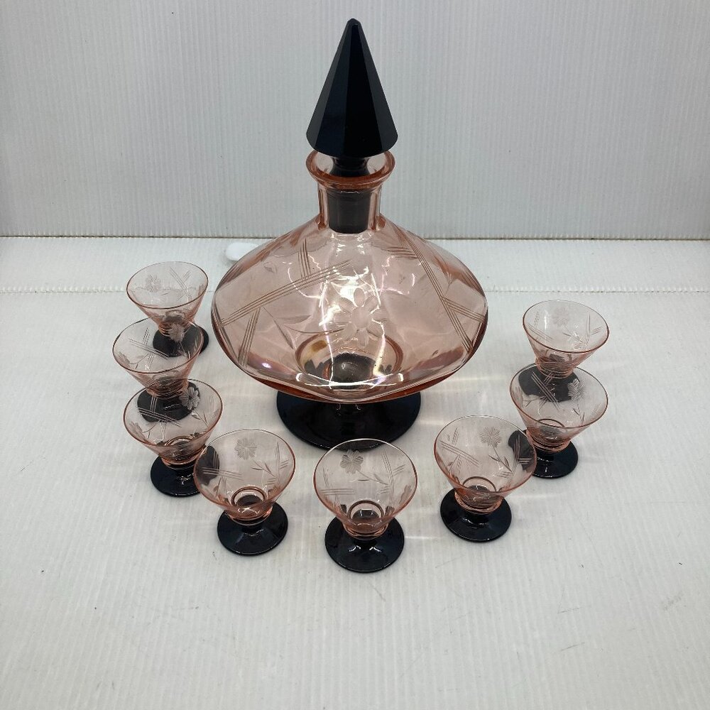 Vtg 1940 pink/black depression glass etched carafe decanter shooters
